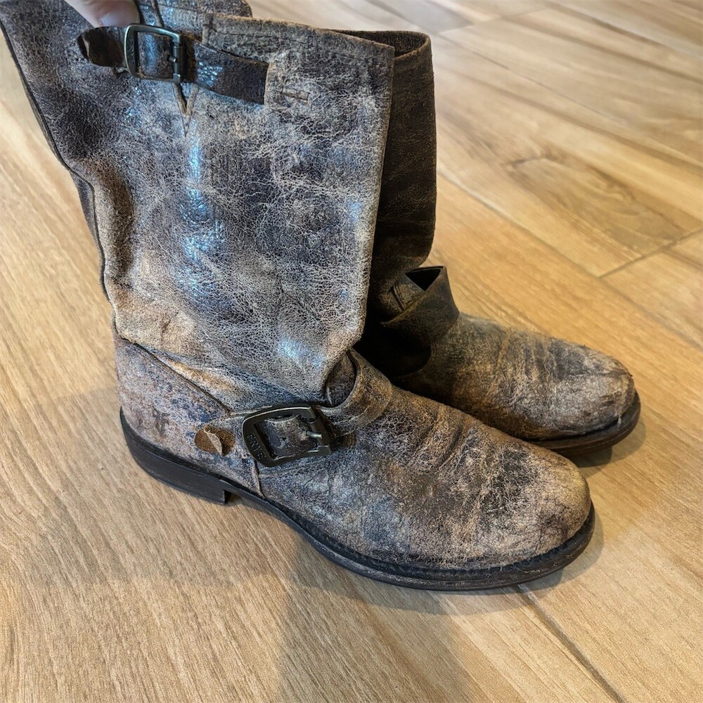 Frye Veronica Harness Moto Boots Womens US 8 Brown Distressed Slip-On